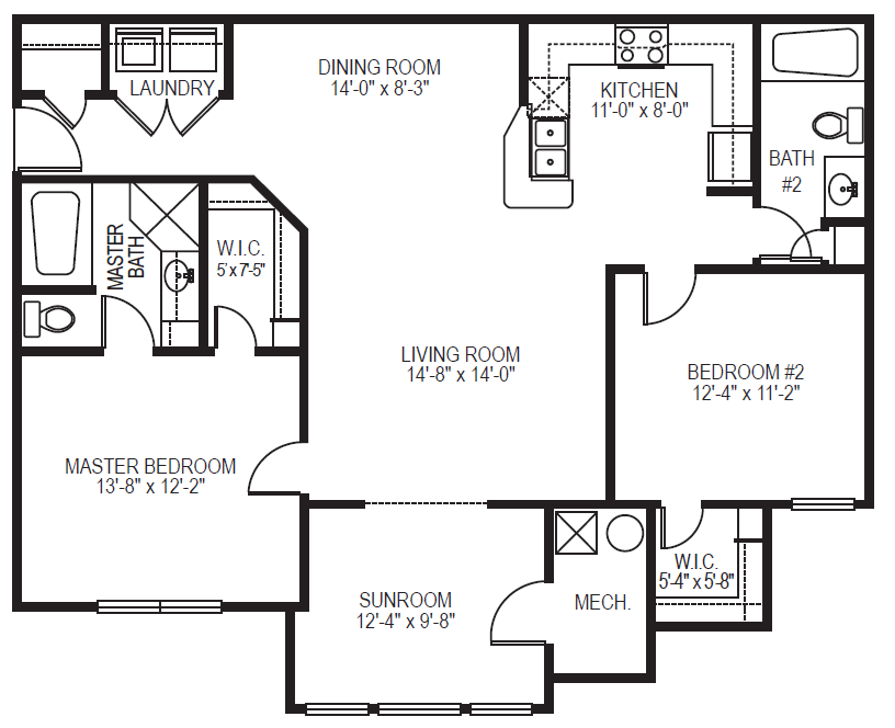 The Compass Pointe phase II 2 bedroom 2 bath with sunroom floor plan at Village on the Lake Apartments in Spring Lake NC